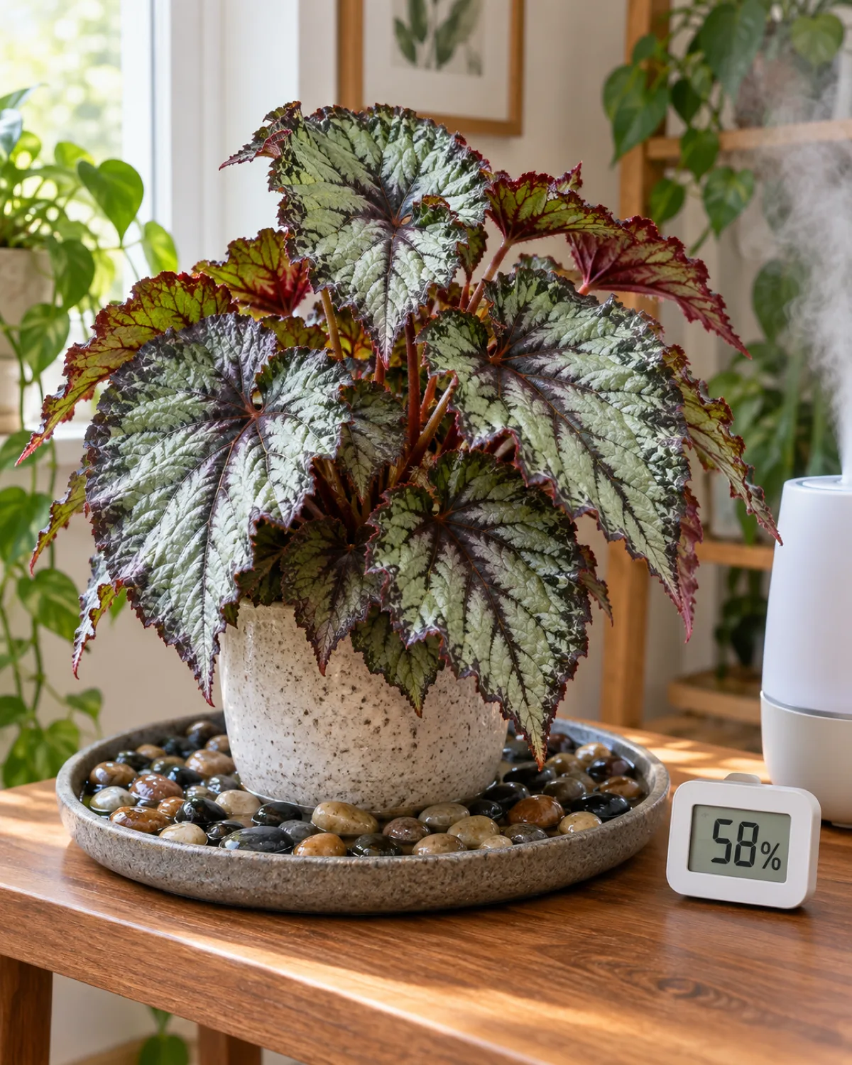 A rex begonia with lush metallic silver-green leaves on a pebble tray filled with wet river stones next to a small digital hygrometer displaying humidity in the 55-60 percent range with a humidifier partially visible at frame edge