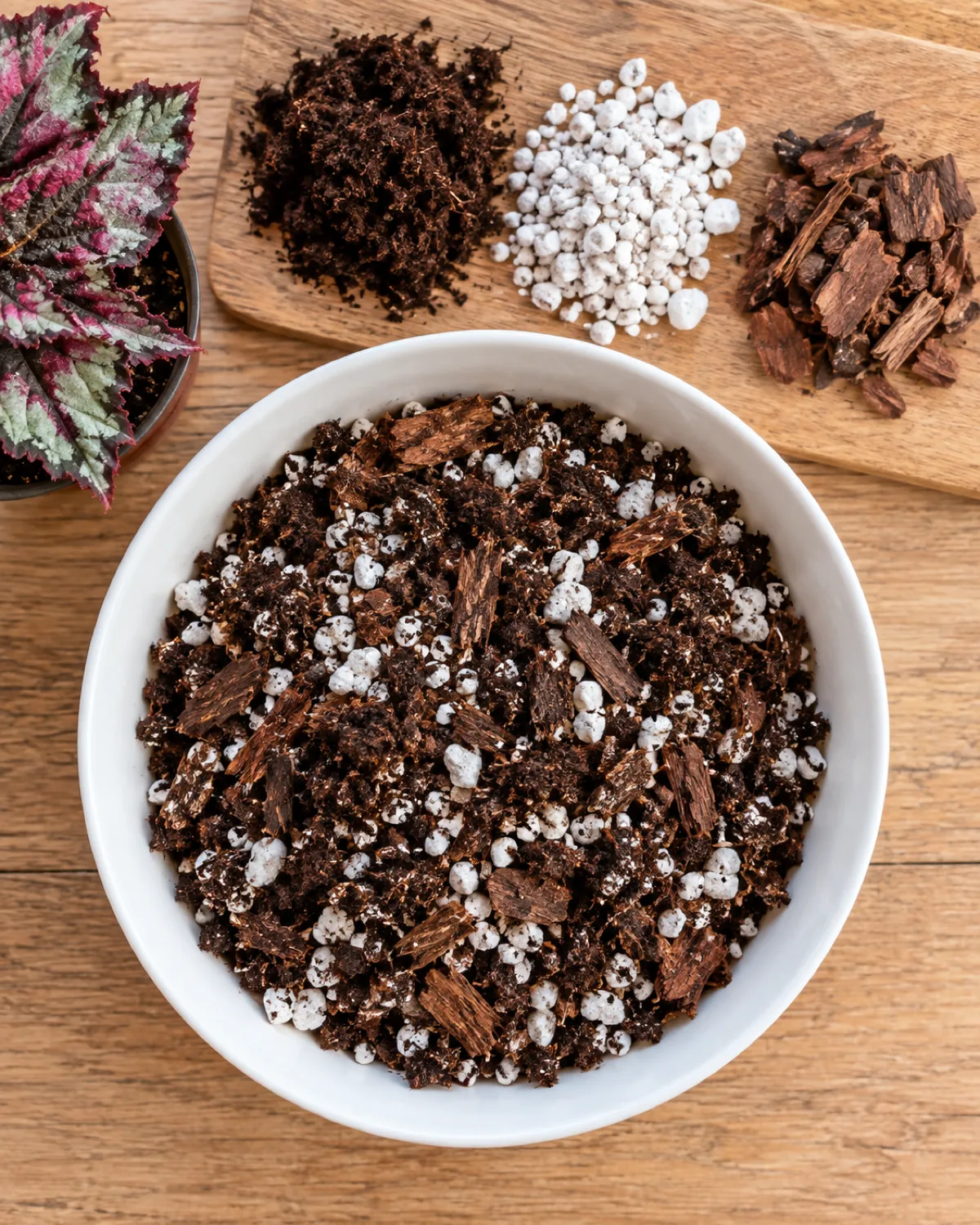 Overhead shot of a freshly mixed soil blend in a clean white bowl showing visible chunky perlite pieces shredded orchid bark and dark peat moss with three small piles of each ingredient separated on a wooden cutting board
