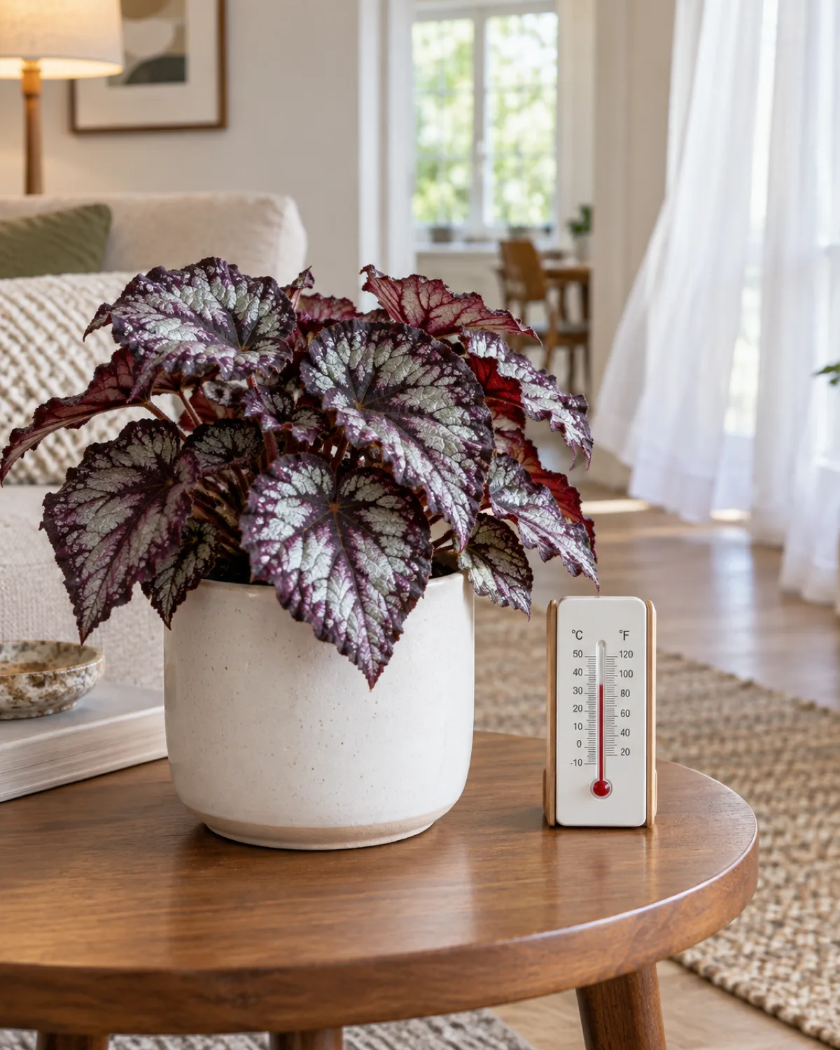 A rex begonia with silver-purple metallic leaves in a white ceramic pot on a side table in a bright room with a small thermometer nearby and good air circulation suggested by a slightly swaying sheer curtain in the background