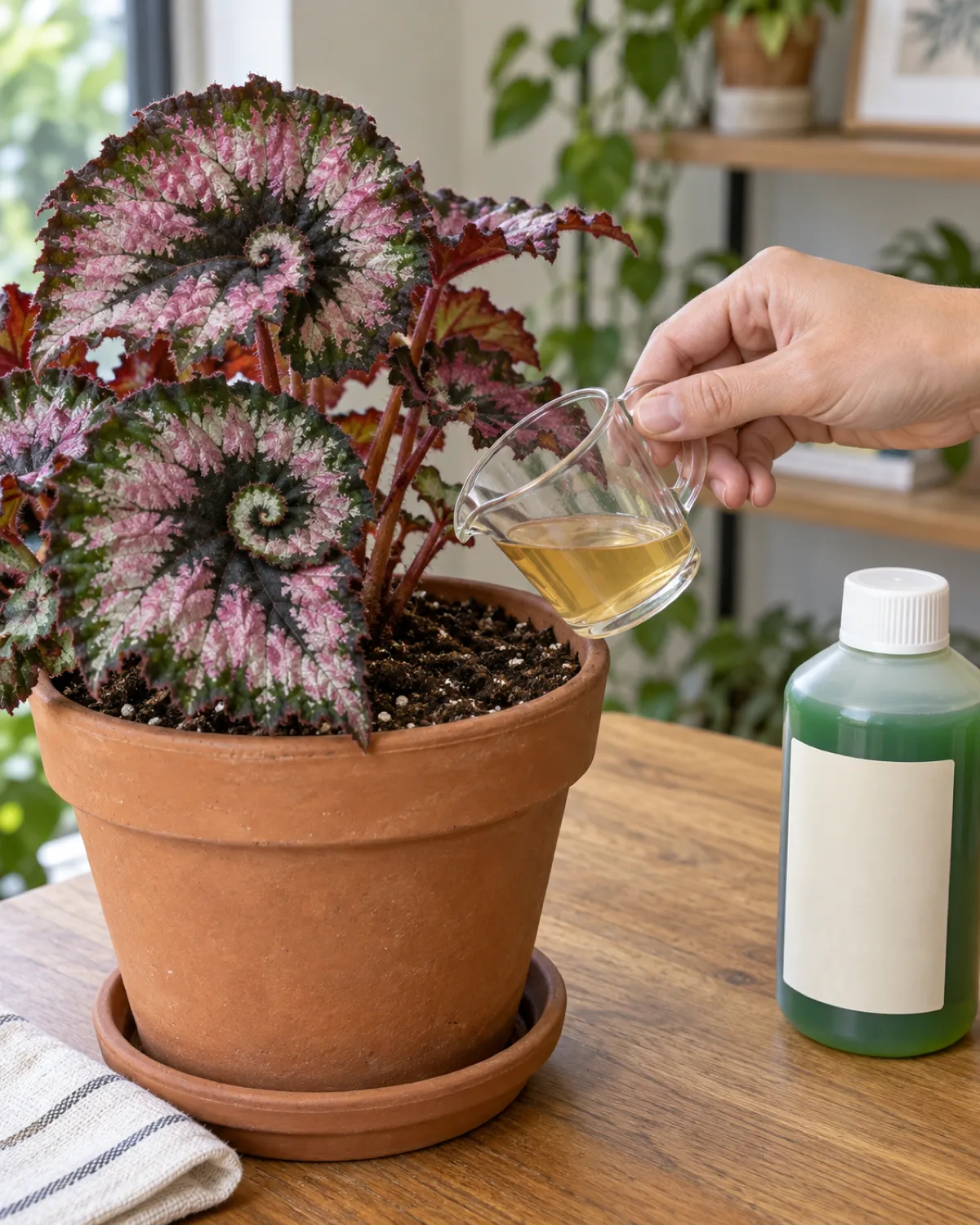 A woman's hand with fingers naturally together holding a small glass measuring cup of diluted amber liquid fertilizer about to pour into the soil of a rex begonia in a terracotta pot with a bottle of 10-10-10 liquid plant food nearby