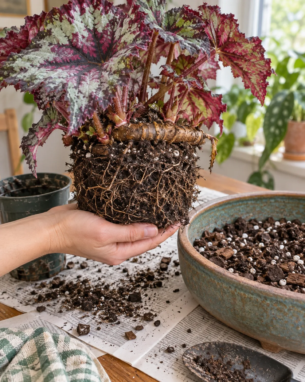 A rex begonia being repotted into a wide shallow azalea-style pot with the plant gently lifted out of its old pot revealing the horizontal rhizome growing across the soil surface with fine roots below and a new wider pot lined with fresh chunky soil mix