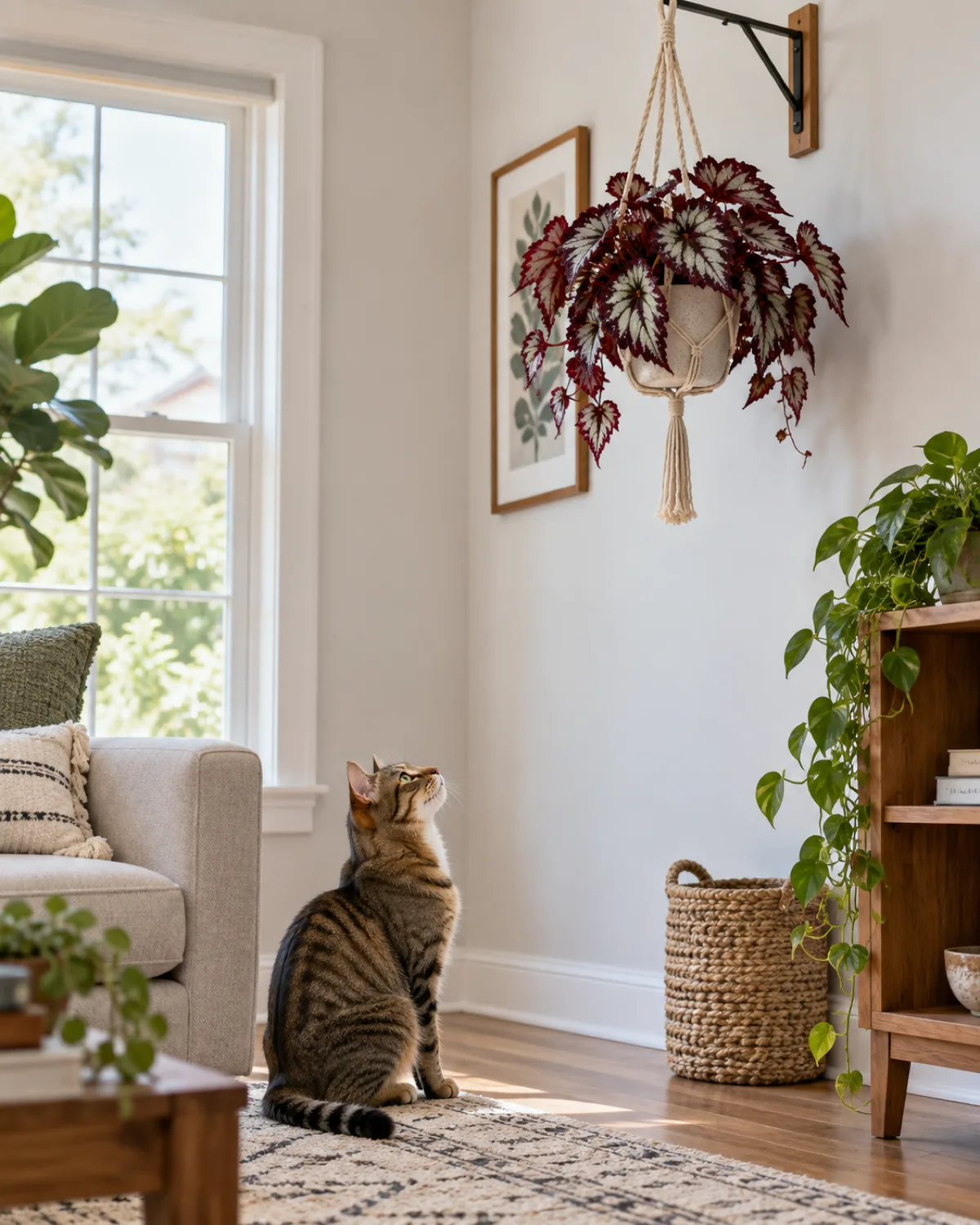 A rex begonia in a hanging macrame planter positioned high on a wall bracket out of reach of a curious tabby cat sitting on the floor below looking up at it with dramatic burgundy-and-silver leaves trailing slightly over the pot edge