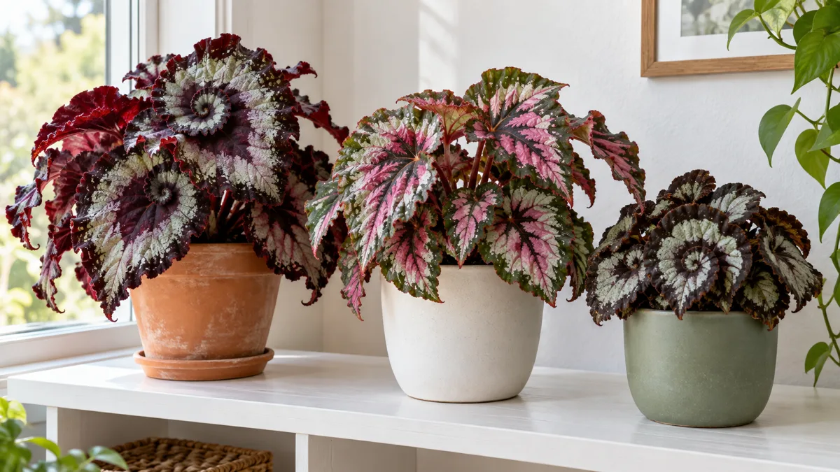 Three rex begonia plants on a white wooden shelf near an east-facing window showing burgundy spiral leaves edged in silver, metallic pink pinwheel patterning, and chocolate-and-silver swirl leaves in terracotta white and sage green ceramic pots