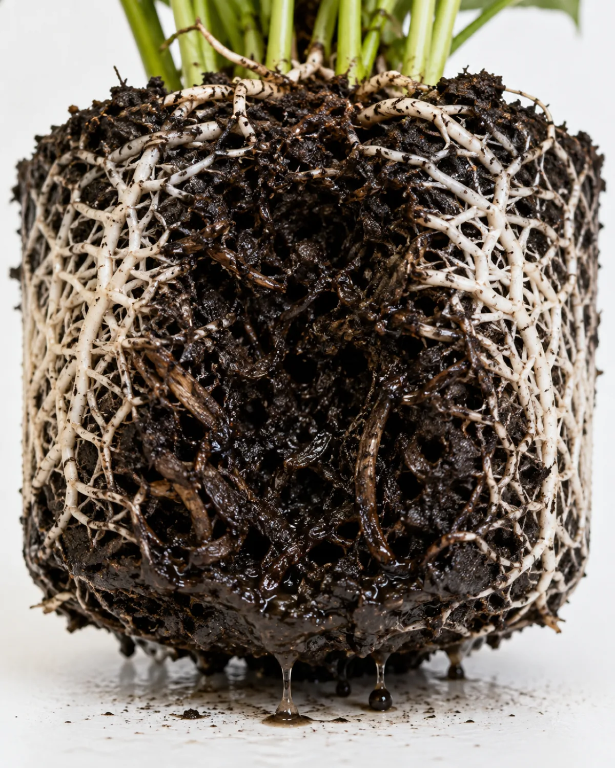 Close-up cross-section of a houseplant root ball showing healthy white firm roots on the outer edge and dark brown-black slimy rotted roots in the waterlogged center with murky water dripping from the bottom