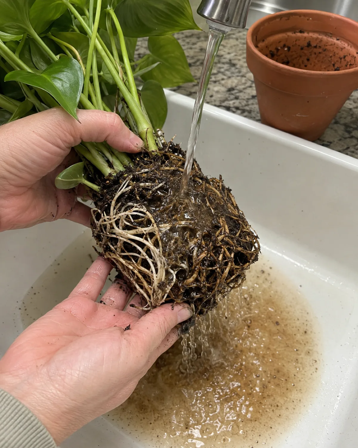 Hands holding a just-unpotted houseplant root ball under lukewarm water in a white sink washing away dark soil to reveal the contrast between white healthy roots and brown mushy decomposing roots