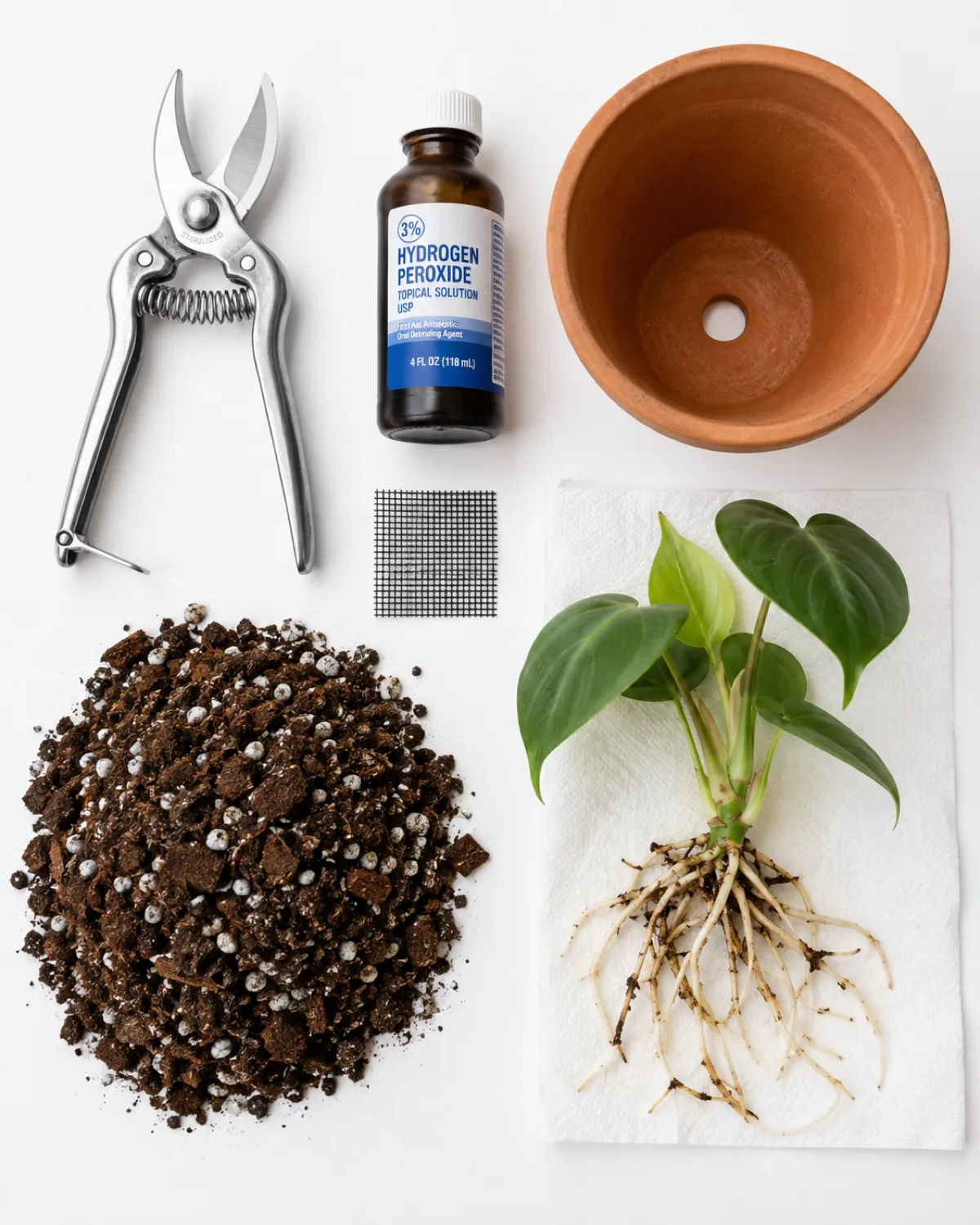 Flat lay on white surface showing the rescue toolkit with sterilized pruning shears a bottle of hydrogen peroxide a clean terracotta pot fresh chunky potting mix and a trimmed philodendron with healthy white roots air-drying on paper towel