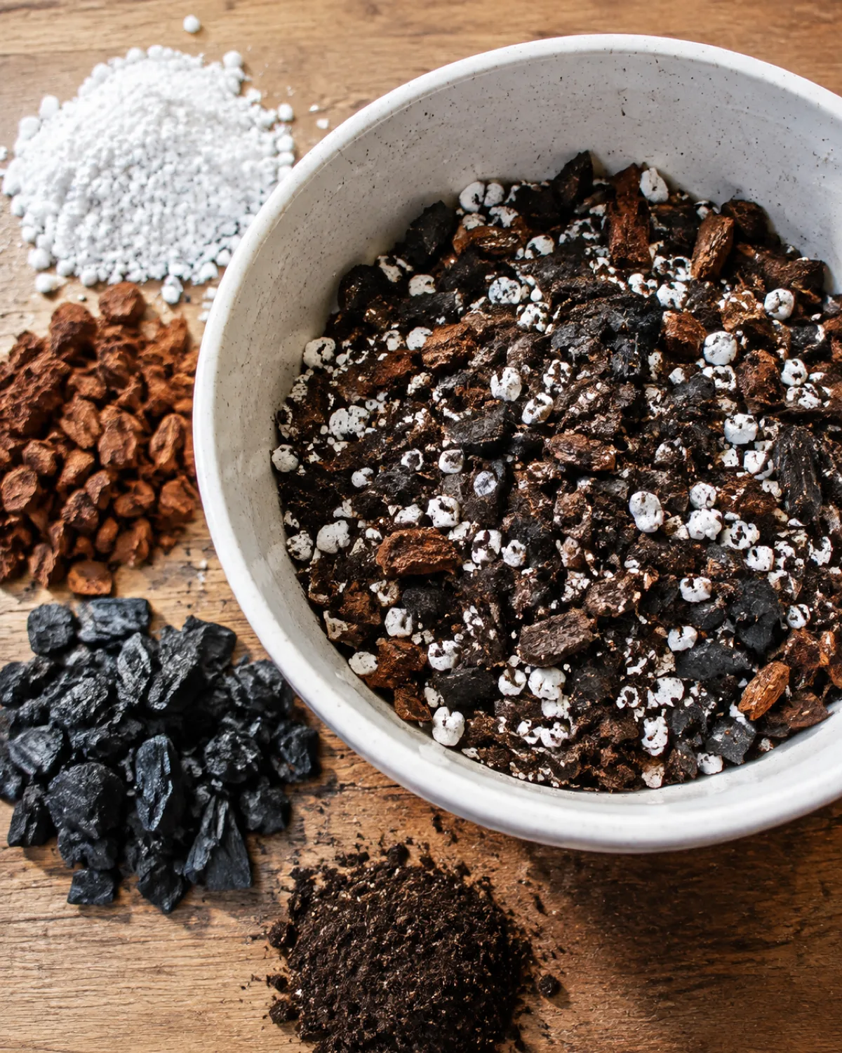 Overhead view of a ceramic mixing bowl with chunky fast-draining potting mix alongside separated piles of coarse perlite orchid bark horticultural charcoal and regular potting soil showing the high amendment-to-soil ratio