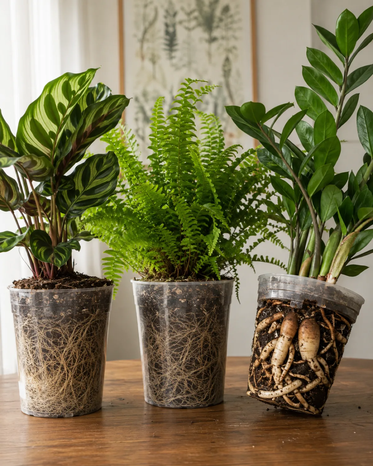 Three houseplants side by side showing vulnerability spectrum with a calathea and boston fern showing fine delicate roots in clear pots on the left and a ZZ plant with thick bulbous rhizome on the right