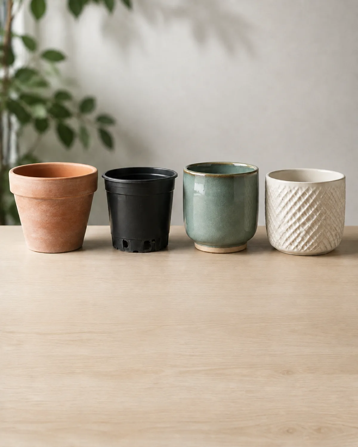 Four pots in a row on a wooden surface showing root rot risk spectrum from an unglazed terracotta pot to a plastic nursery pot with multiple holes to a glazed ceramic pot to a decorative cachepot with no drainage hole