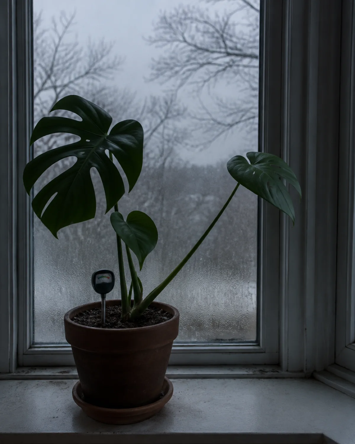 A monstera on a windowsill with grey overcast sky and bare branches outside dim flat indoor light dark wet-looking soil in the pot and a moisture meter showing the needle at the wet end of the scale