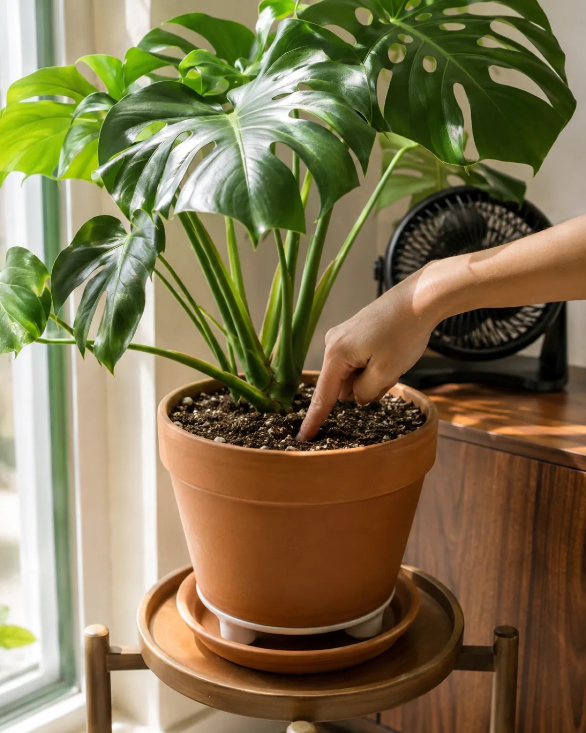 A healthy monstera in a terracotta pot with drainage hole on a raised plant stand with empty dry saucer a desktop fan in the background and a finger inserted into the top inch of dry soil doing the finger test
