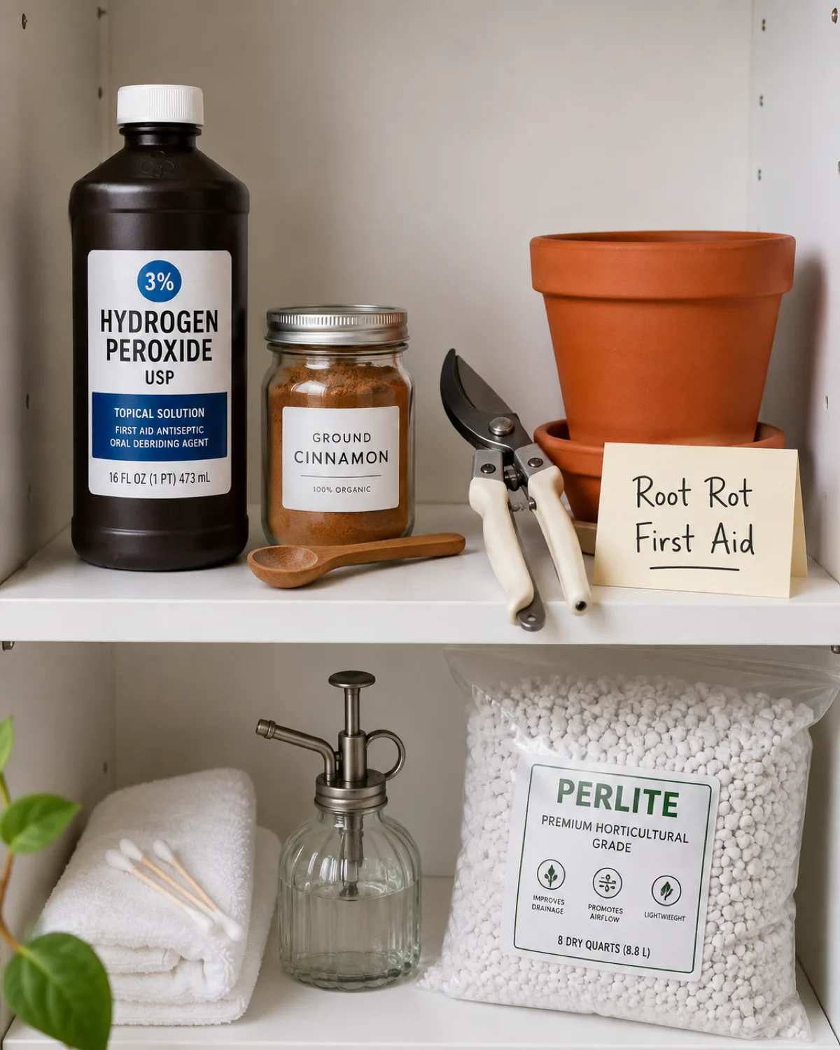 A clean shelf displaying root rot treatment supplies including a bottle of hydrogen peroxide a jar of ground cinnamon with a wooden spoon clean pruning shears a fresh terracotta pot and a bag of perlite with a handwritten label reading Root Rot First Aid