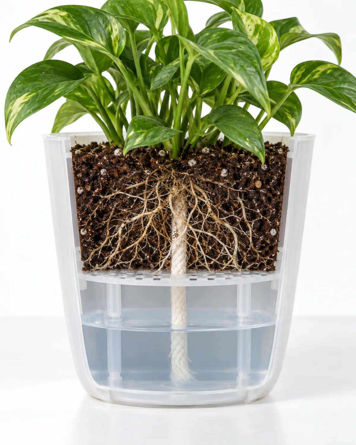 Cross-section cutaway view of a self watering pot showing the internal mechanics with a perforated platform separating the soil chamber from the water reservoir below and a white cotton wick connecting soil to water