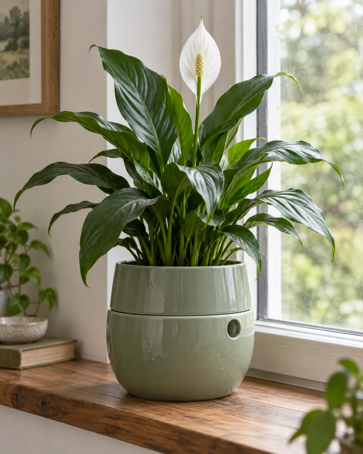 A glazed sage green ceramic self watering pot on a wooden windowsill with a lush peace lily planted inside showing a small water fill hole on the side and soft diffused window light