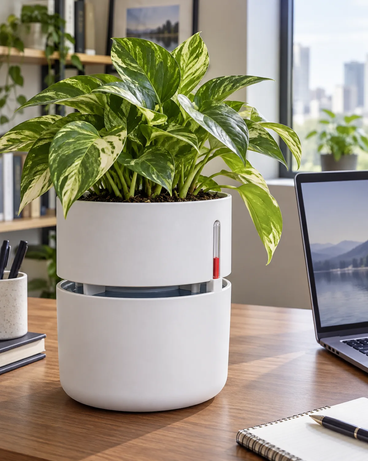 A modern matte white double-wall self watering planter on a desk next to a laptop with the inner pot lifted slightly to show the water gap and a red water level indicator rod on the side with a healthy pothos growing from the top
