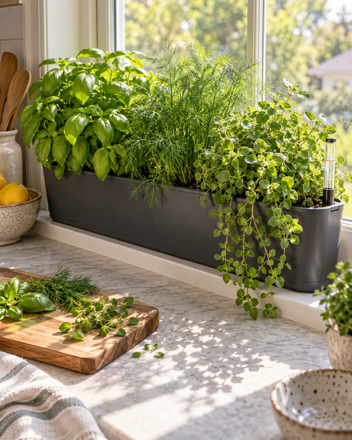A long rectangular self watering window box on an interior kitchen windowsill filled with thriving basil dill and trailing oregano with a visible water fill tube on one end and morning sunlight streaming across the herbs