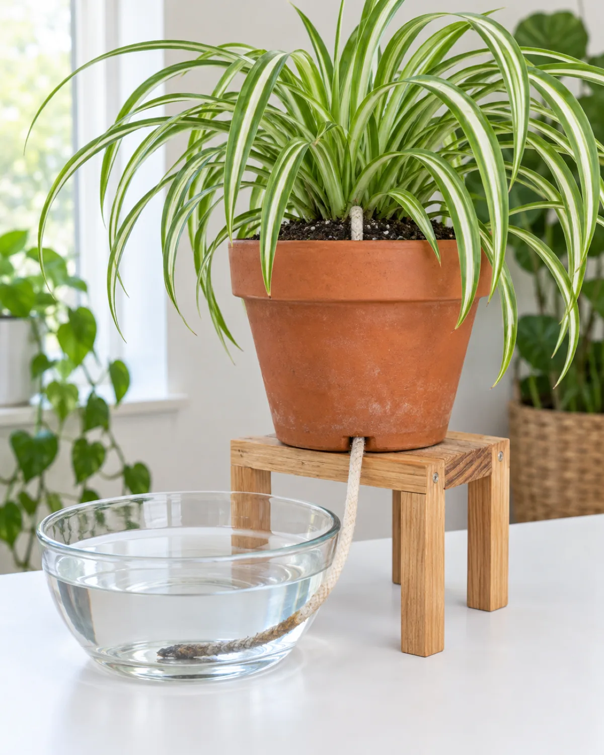 A DIY self watering setup showing a terracotta pot elevated on a wooden riser above a glass bowl of water with a thick white cotton cord threading from the water through the drainage hole into the soil and a healthy spider plant growing in the pot