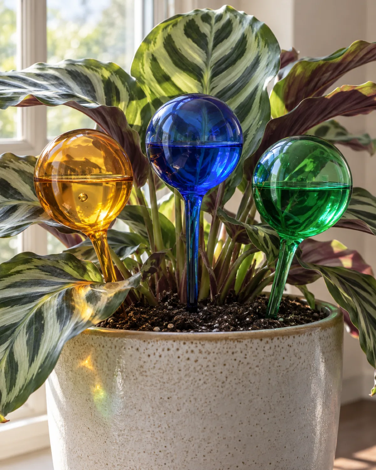 Three decorative hand-blown glass watering globes in amber cobalt blue and emerald green inserted into the soil of a potted calathea with water visible through the colored glass and light creating colorful reflections on the leaves