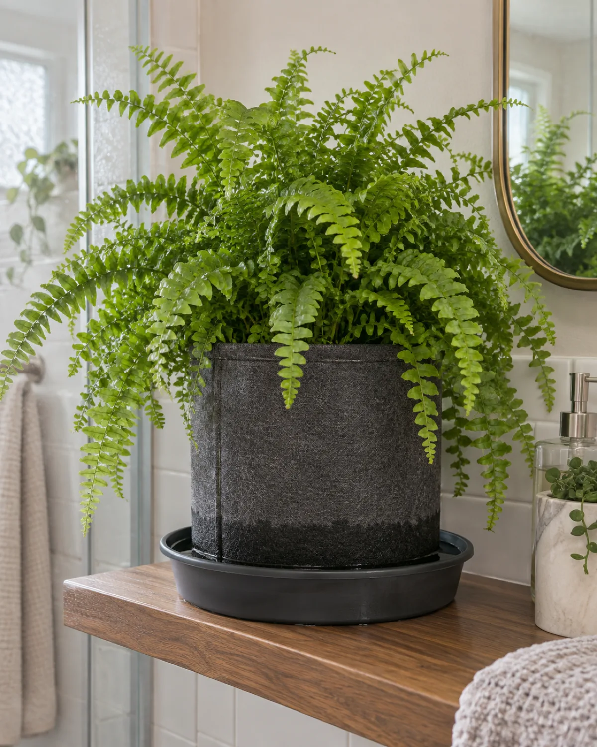 A dark gray felt fabric grow bag sitting in a shallow plastic reservoir tray with visible water in the tray and a lush Boston fern with cascading fronds growing from the top showing the fabric wicking moisture up from the tray