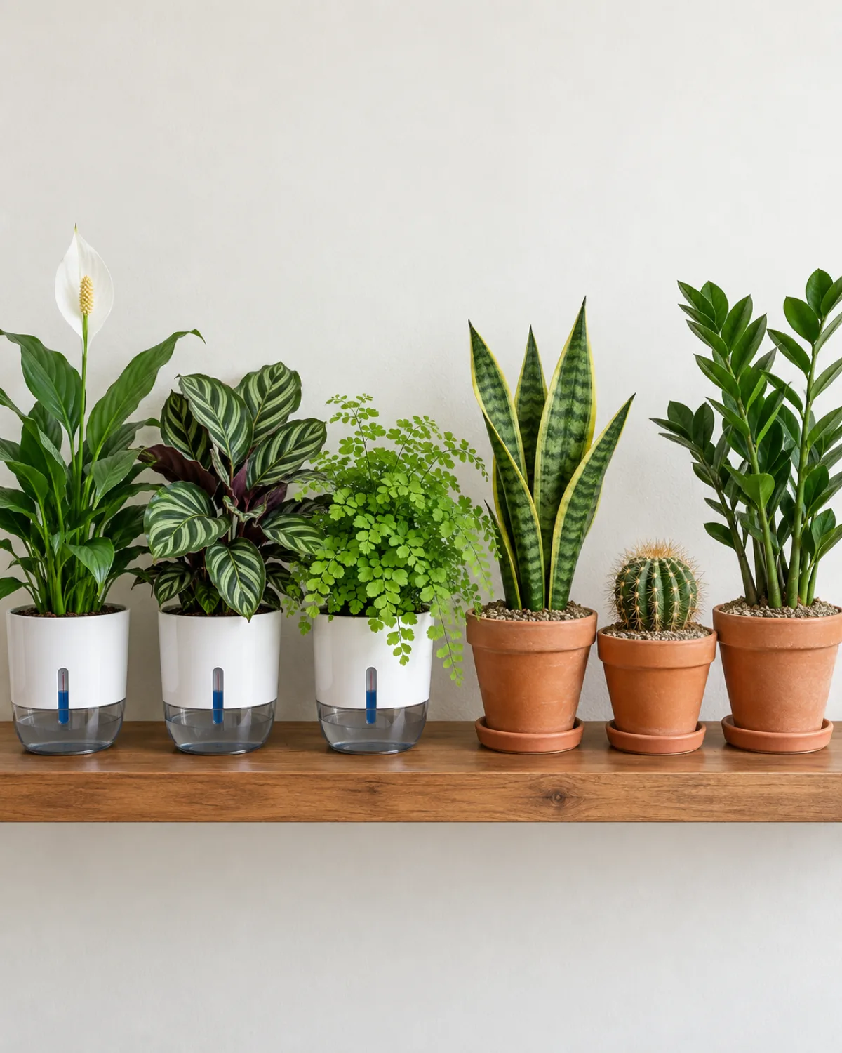 A split composition showing moisture-loving plants thriving in self watering pots on the left including peace lily calathea and maidenhair fern versus drought-tolerant plants in regular terracotta pots on the right including snake plant cactus and ZZ plant