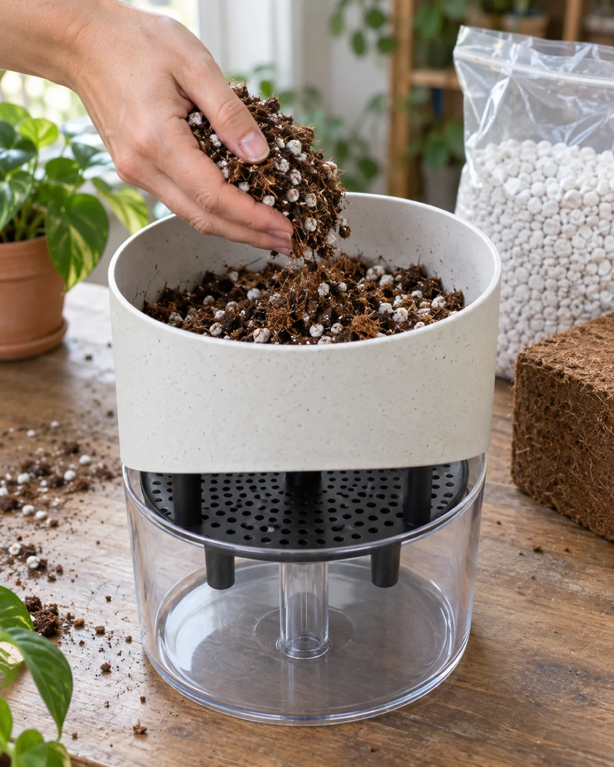 A hand scooping a light airy potting mix of peat perlite and coco coir into a self watering pot showing the perforated inner platform above the empty reservoir below with bags of perlite and coir on the table behind