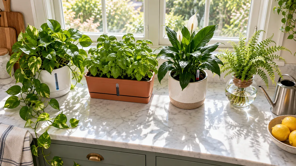 Four different self watering pots arranged on a bright kitchen windowsill each containing a thriving houseplant with morning sunlight streaming through the window and a watering can sitting unused to the side