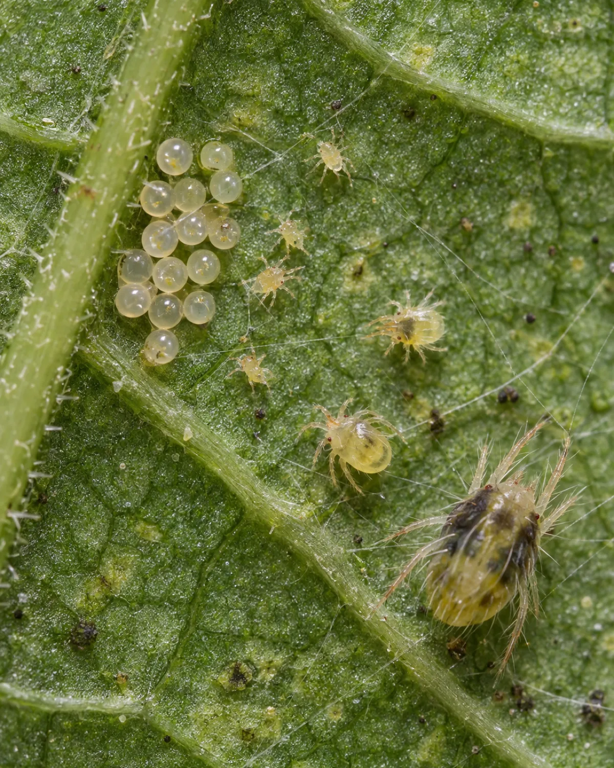 Macro photograph of a leaf underside showing multiple stages of spider mite life including translucent eggs near a vein small larvae nymphs and a full adult
