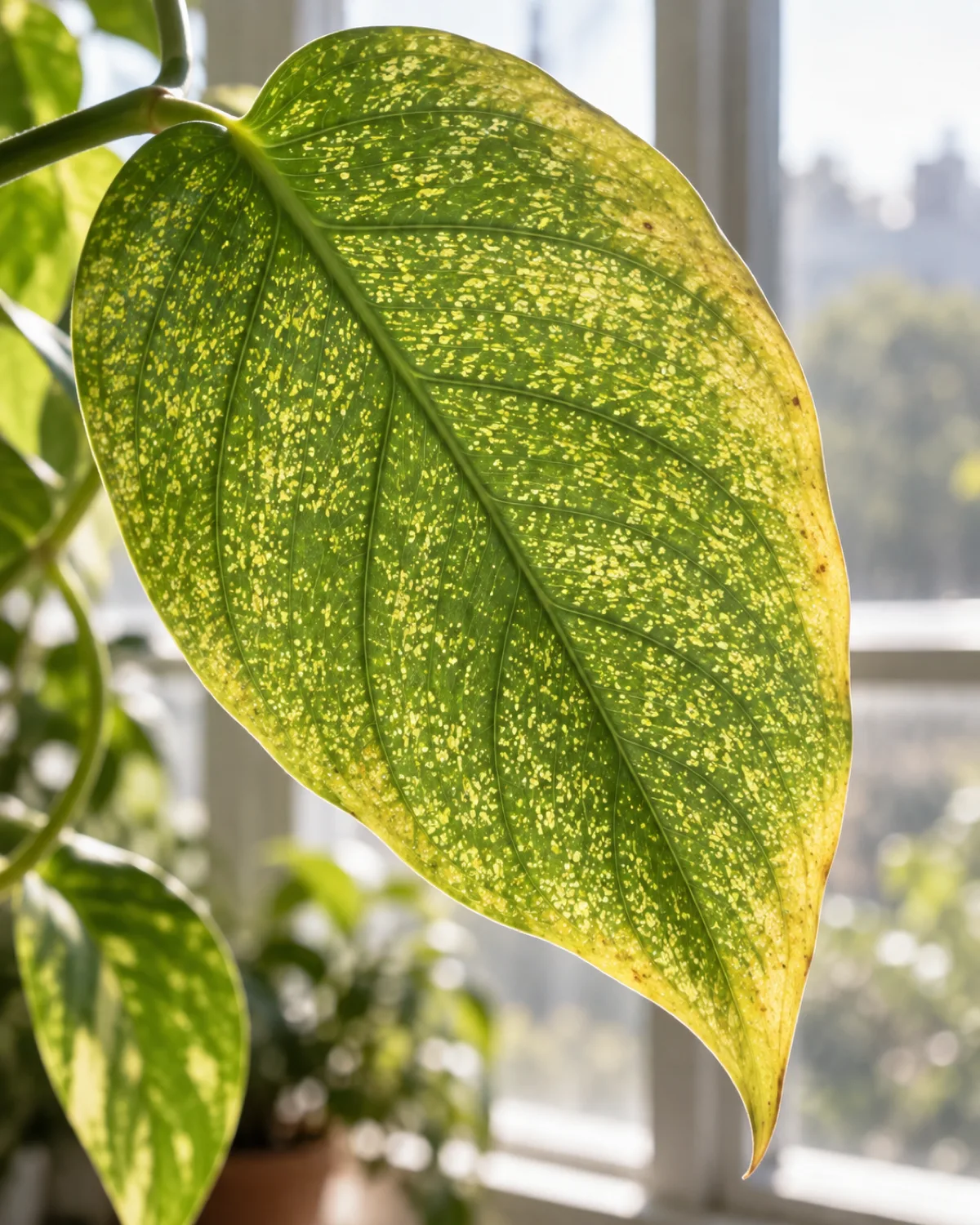 A houseplant leaf held up against bright window light showing hundreds of tiny pale yellow stippling dots across the green surface
