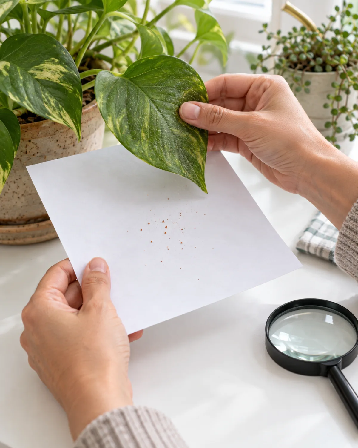 Hands performing the spider mite paper test holding a leaf while the other holds white paper underneath with tiny reddish dots visible