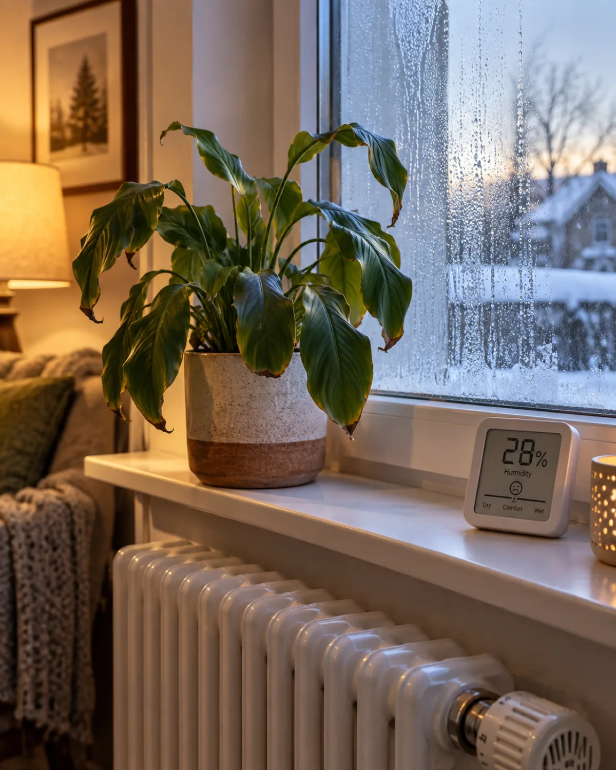 A stressed indoor plant with slightly wilted leaves on a windowsill next to a white radiator in a dry winter room with condensation on the cold window