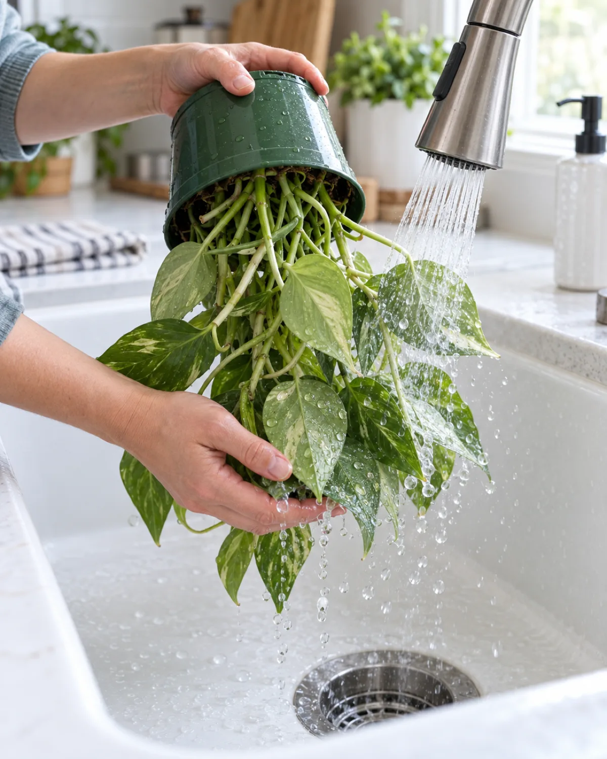A small potted houseplant held upside down under a running kitchen faucet with water spraying forcefully onto leaf undersides and droplets caught in motion