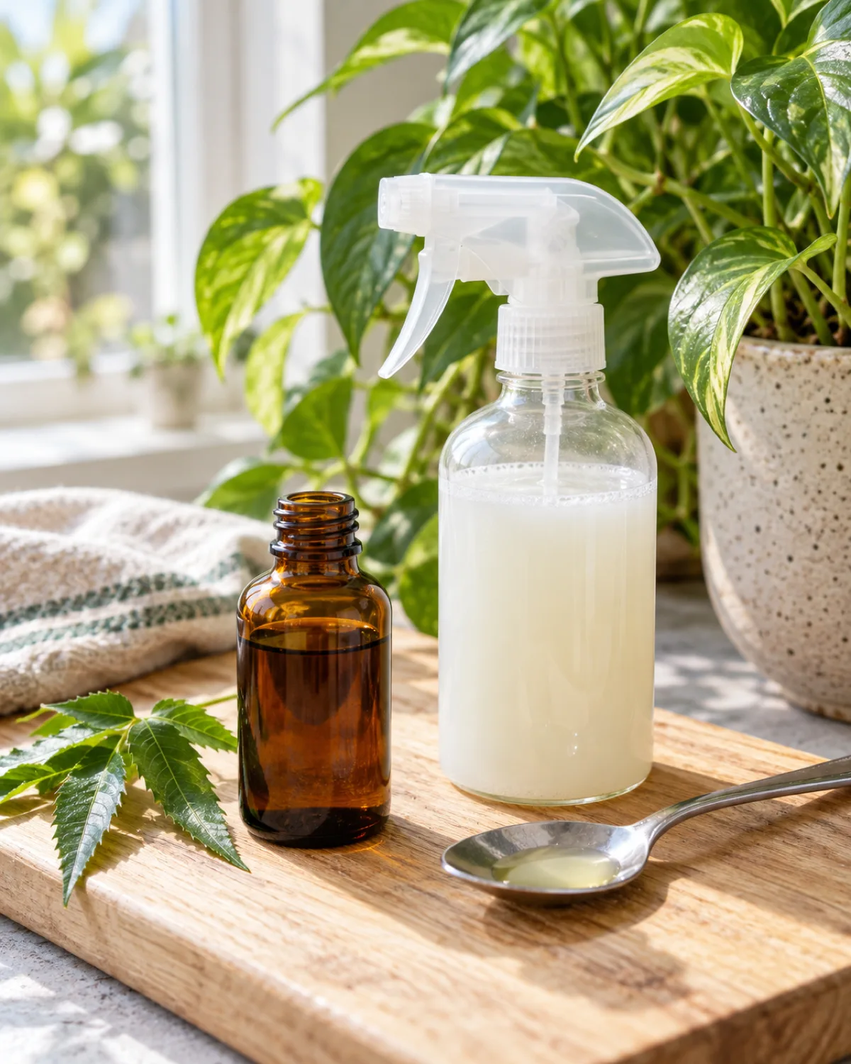A dark amber glass bottle of neem oil next to a clear spray bottle filled with milky white solution and a drop of castile soap on a spoon arranged on a cutting board beside a houseplant