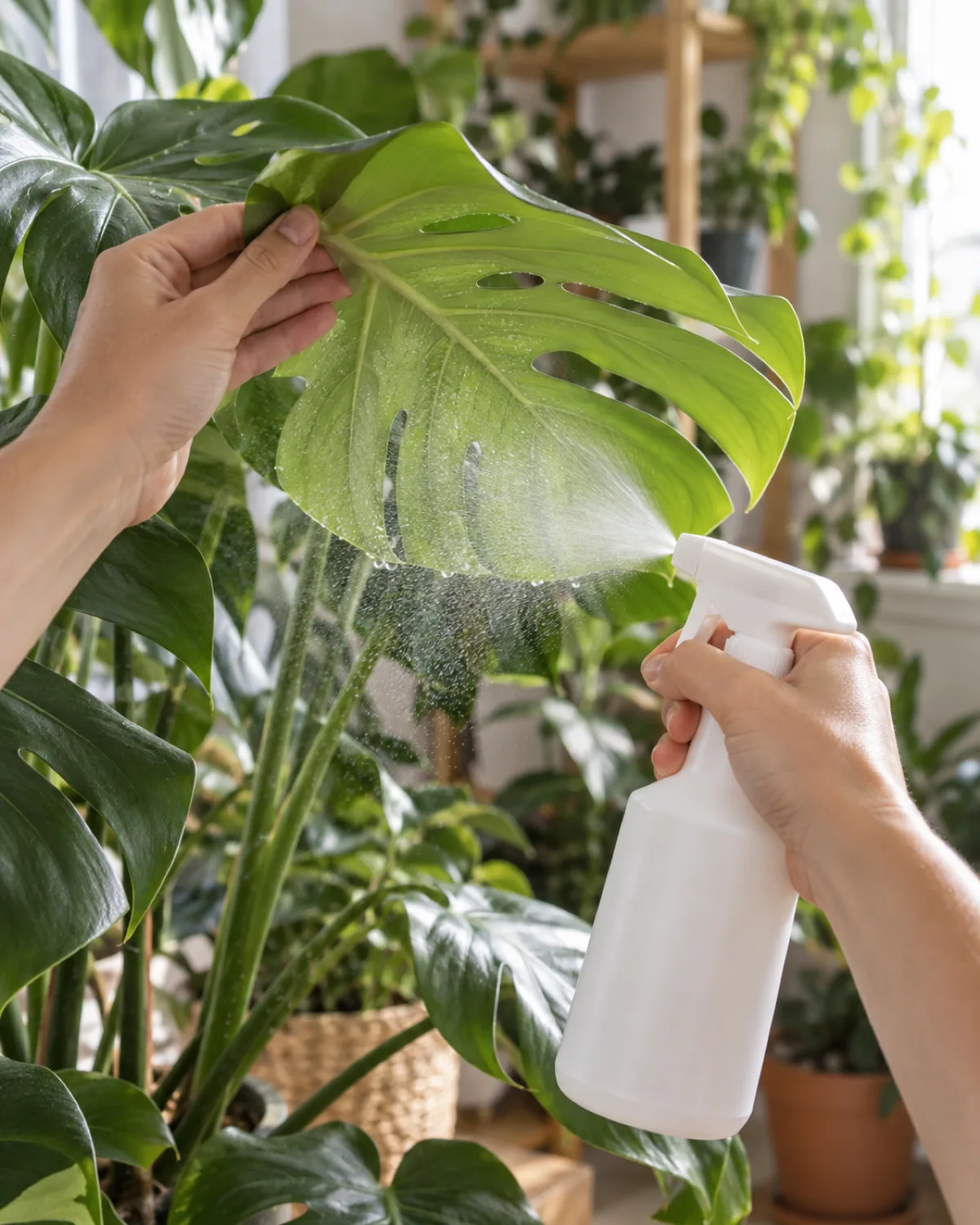 A hand spraying insecticidal soap from a white spray bottle onto the underside of a large monstera leaf with fine mist visible in bright indoor light
