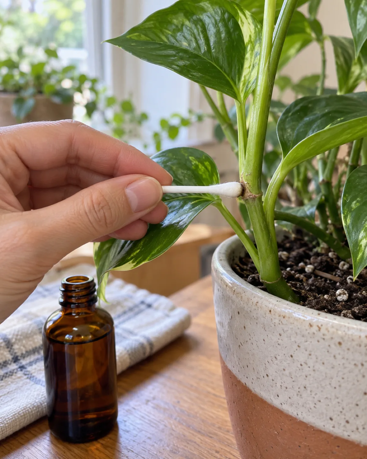 A close-up of a hand holding a cotton swab dipped in rubbing alcohol being dabbed on a leaf stem joint where a stem meets a petiole with a bottle of isopropyl alcohol nearby