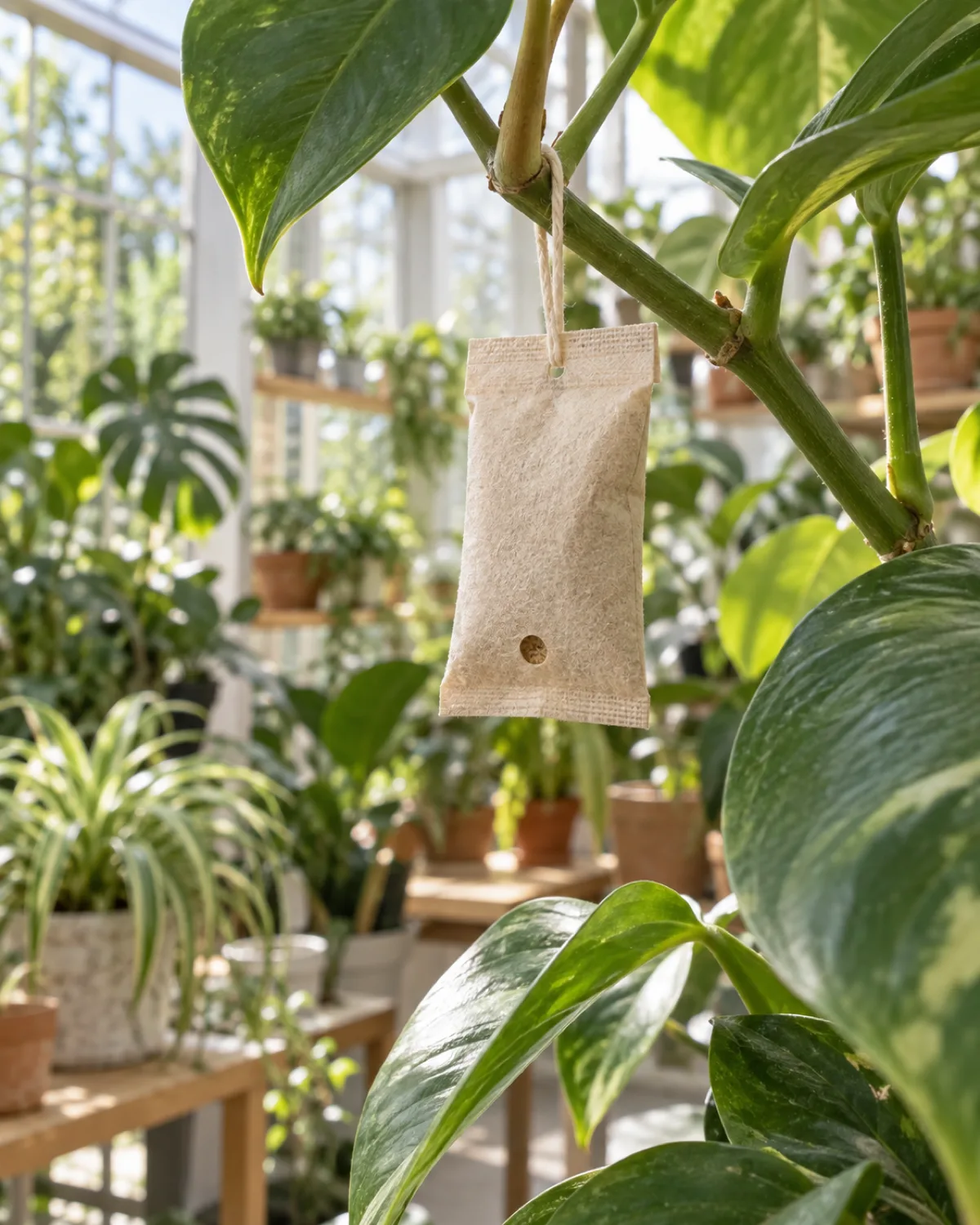 A small beige paper sachet hanging from a plant stem in a bright indoor plant room with healthy green houseplants grouped in the background