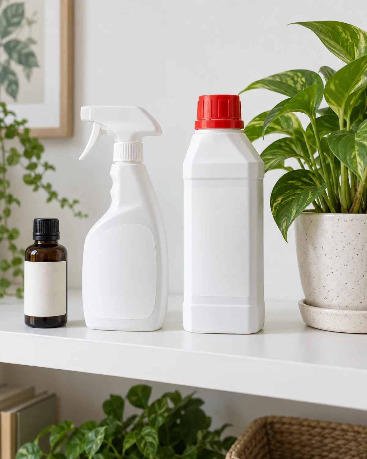 Three different treatment bottles on a white shelf in escalating order from neem oil to insecticidal soap to commercial miticide with red cap next to a small potted plant