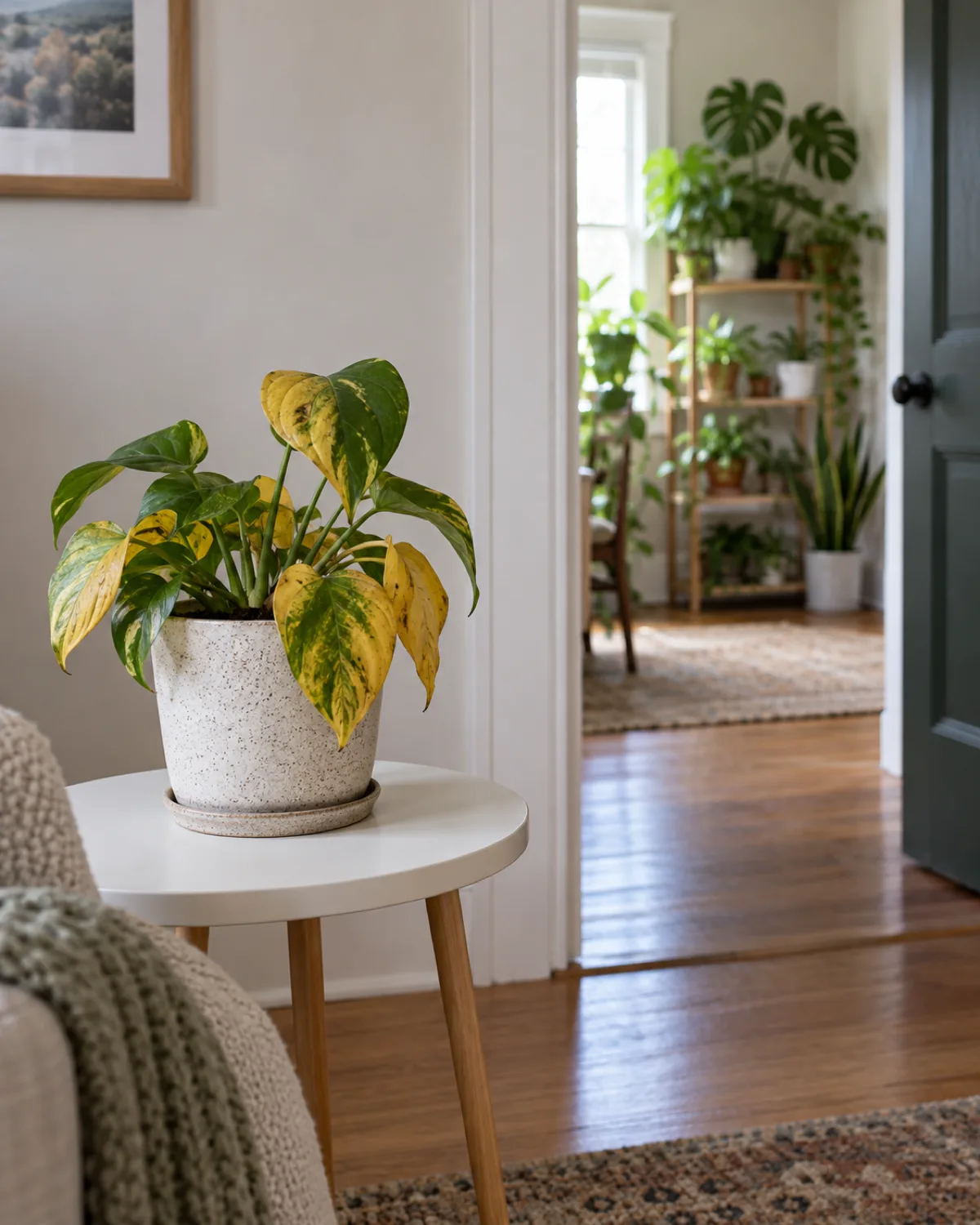 A single potted houseplant with slightly yellowed leaves sitting alone on a white side table in a separate room with healthy plants visible on a shelf through a doorway