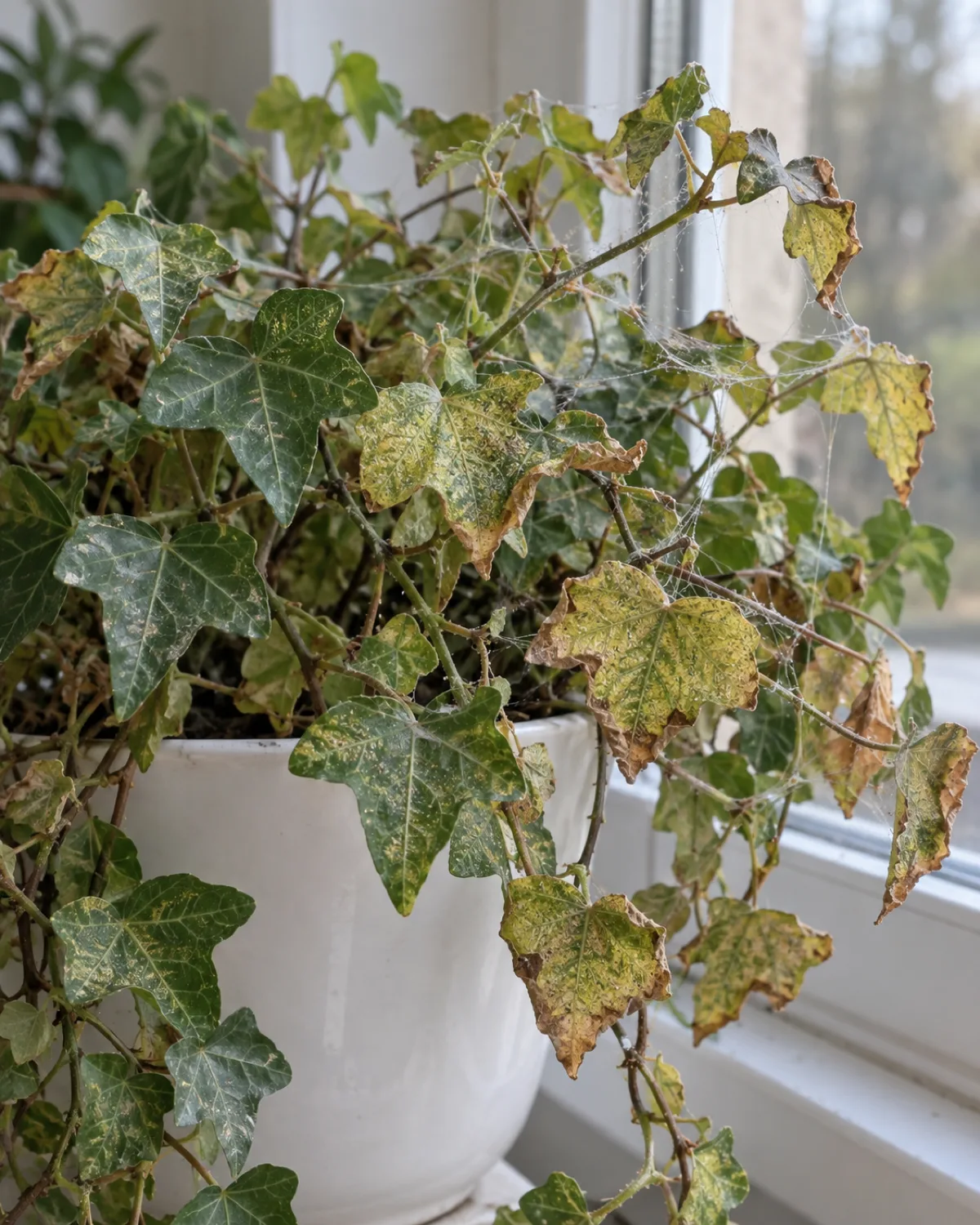 An English ivy plant in a white ceramic pot showing classic spider mite damage with yellowed stippled leaves and fine webbing visible between stems on a windowsill