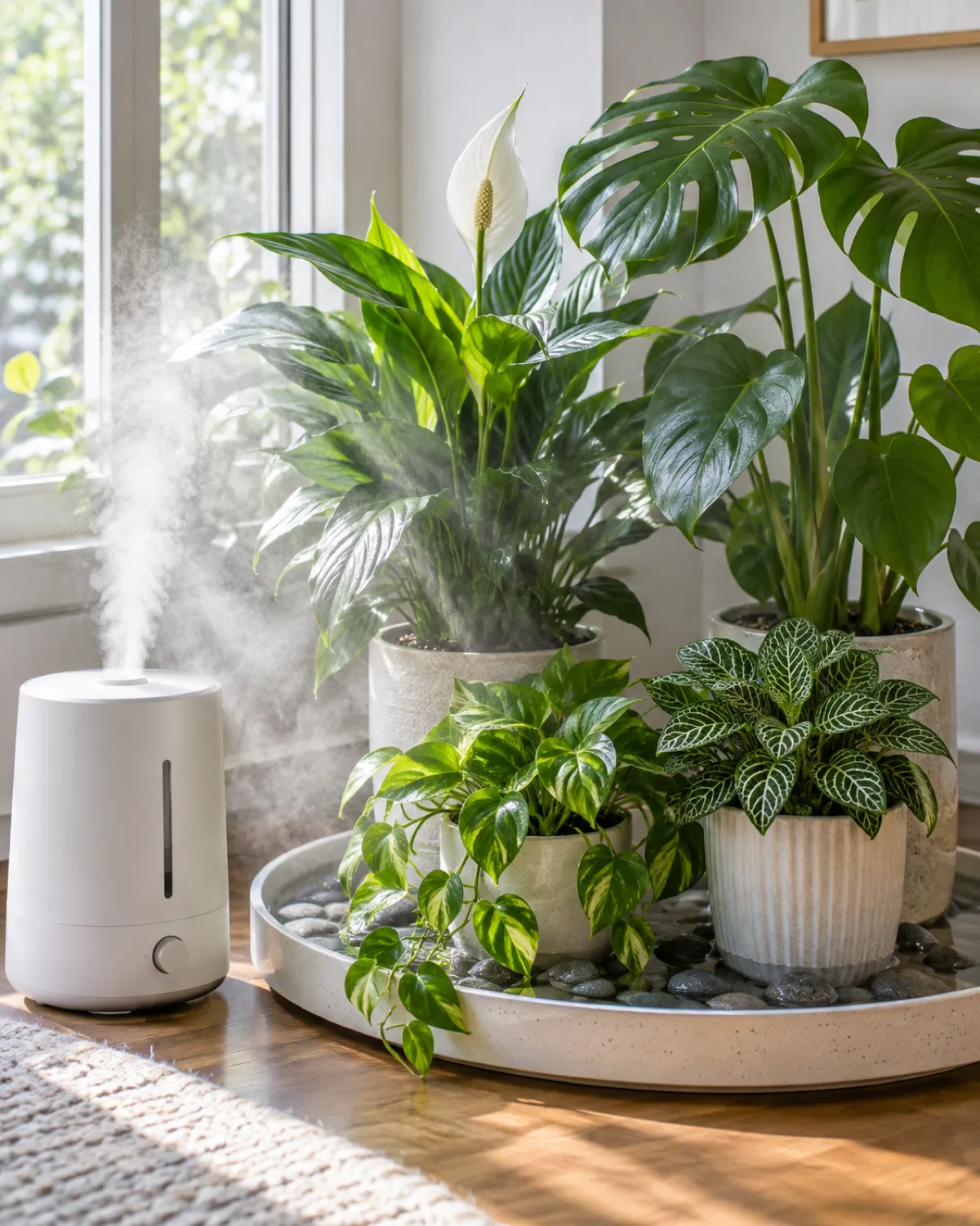 A white humidifier running and producing visible mist next to a group of four healthy green houseplants arranged on a white pebble tray filled with water and smooth gray stones