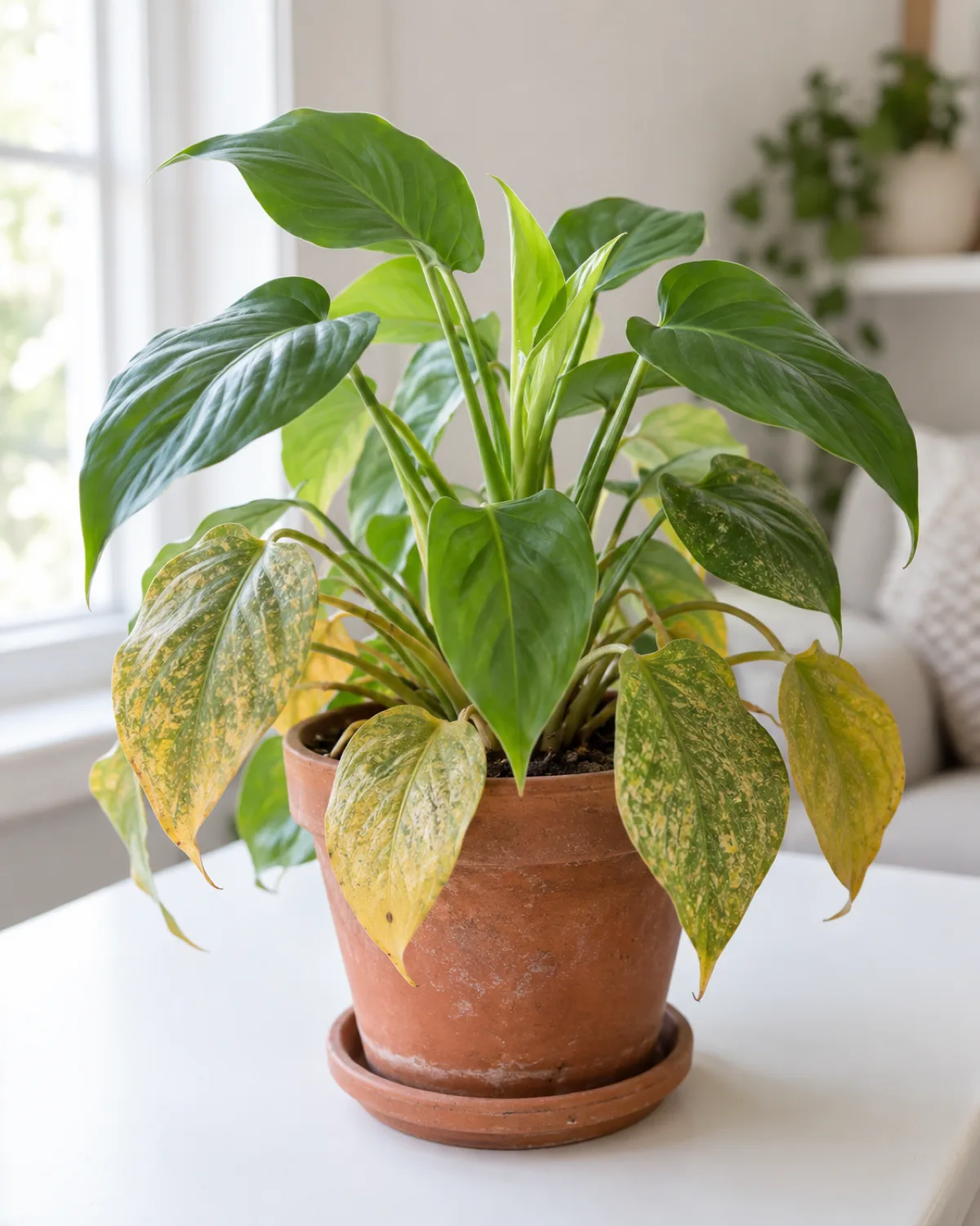A houseplant showing recovery from spider mites with damaged stippled yellowed lower leaves and fresh bright green new leaves unfurling from the center in a terracotta pot