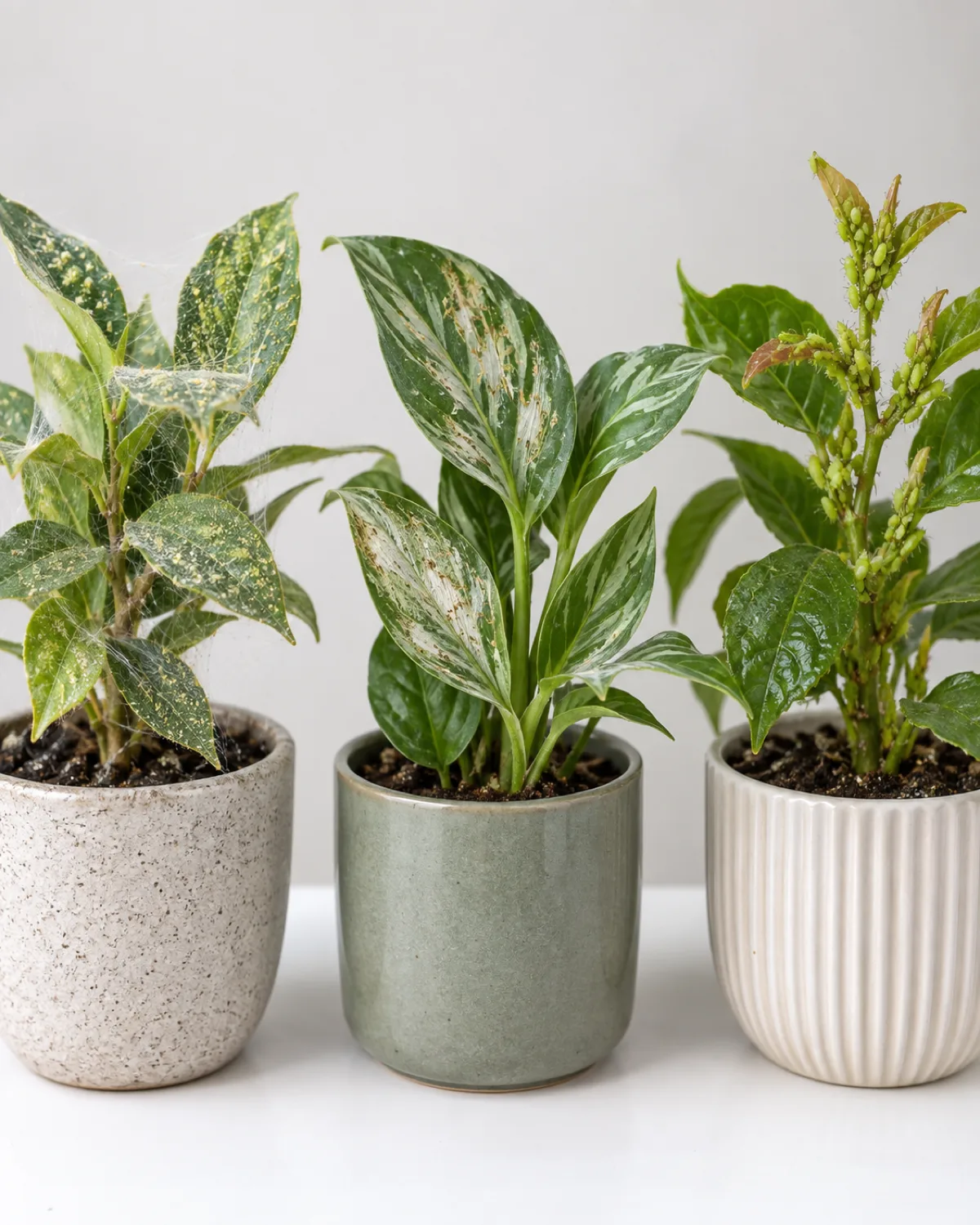 Three small potted plants in a row on a white surface each showing different pest damage stippling and webbing from spider mites silver streaks from thrips and green aphid clusters