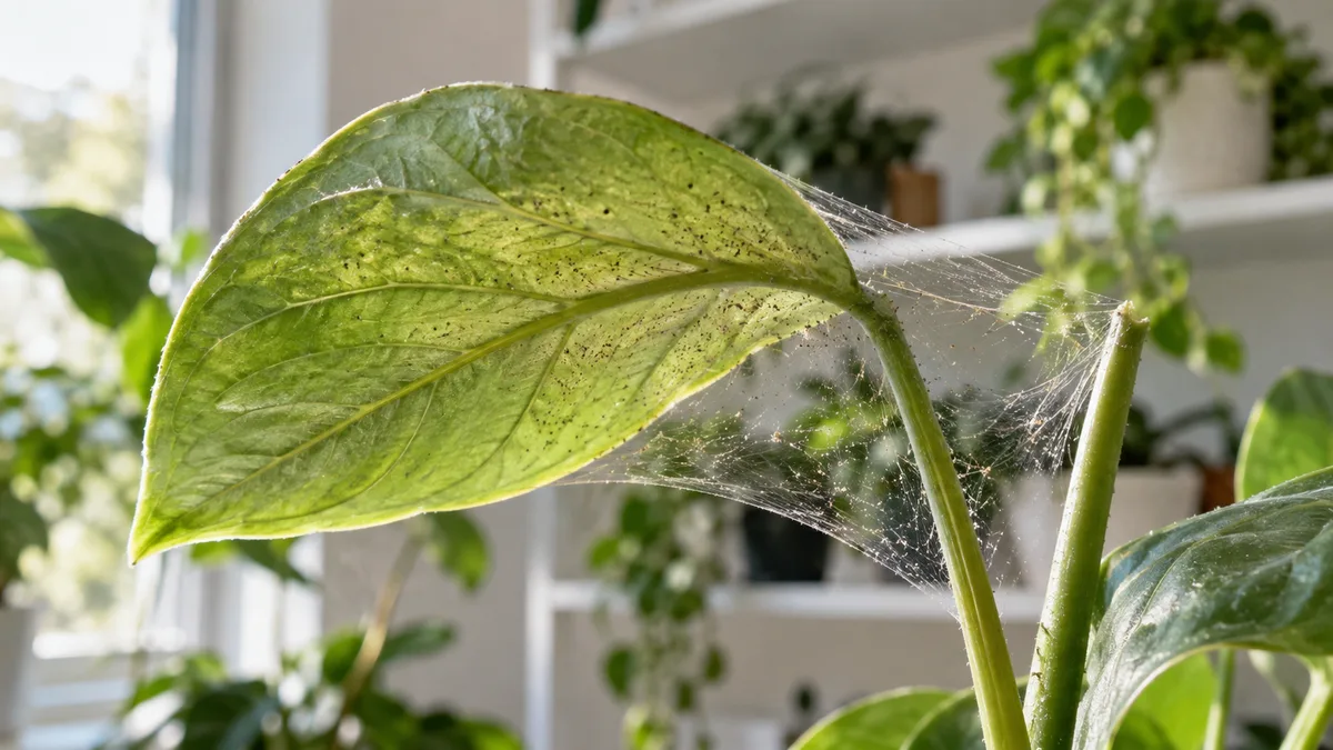 Close-up of a green houseplant leaf with fine silk webbing stretched between stems and tiny dots on the underside in bright natural window light on a white shelf