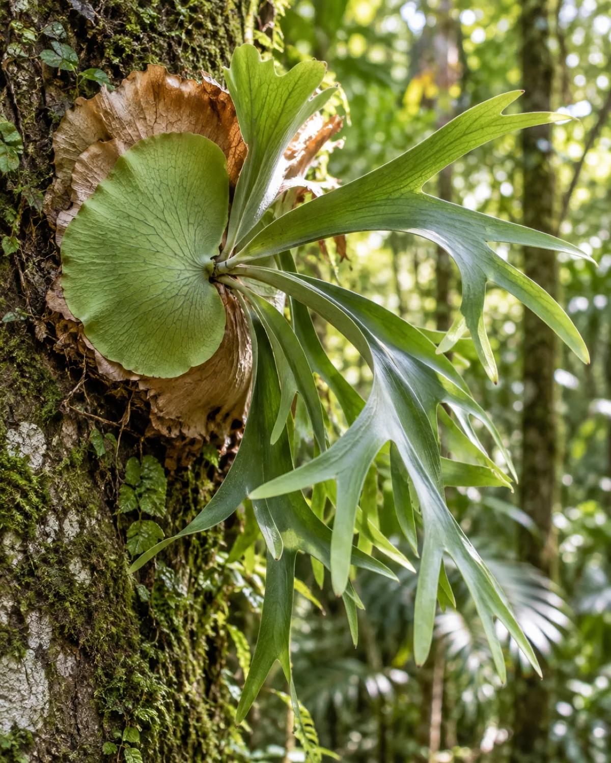 Close-up of a staghorn fern growing on a mossy tree trunk in a tropical forest showing flat round shield fronds pressed against bark and long forked antler fronds reaching outward into dappled light