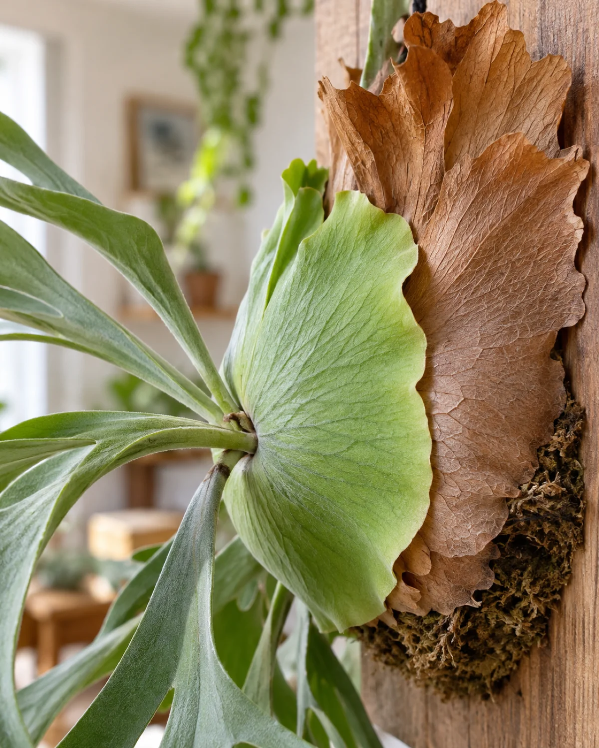 Side-by-side detail of a staghorn fern showing a fresh green shield frond on one side and a mature papery brown shield frond on the other side with visible layering against the wooden mount