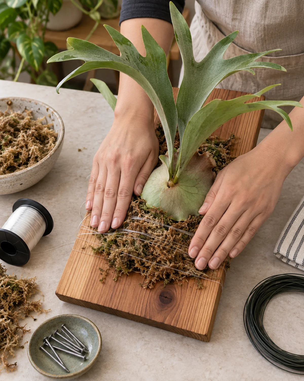 Hands wrapping fishing line around sphagnum moss to secure a staghorn fern onto a cedar board with mounting supplies laid out on a clean work surface