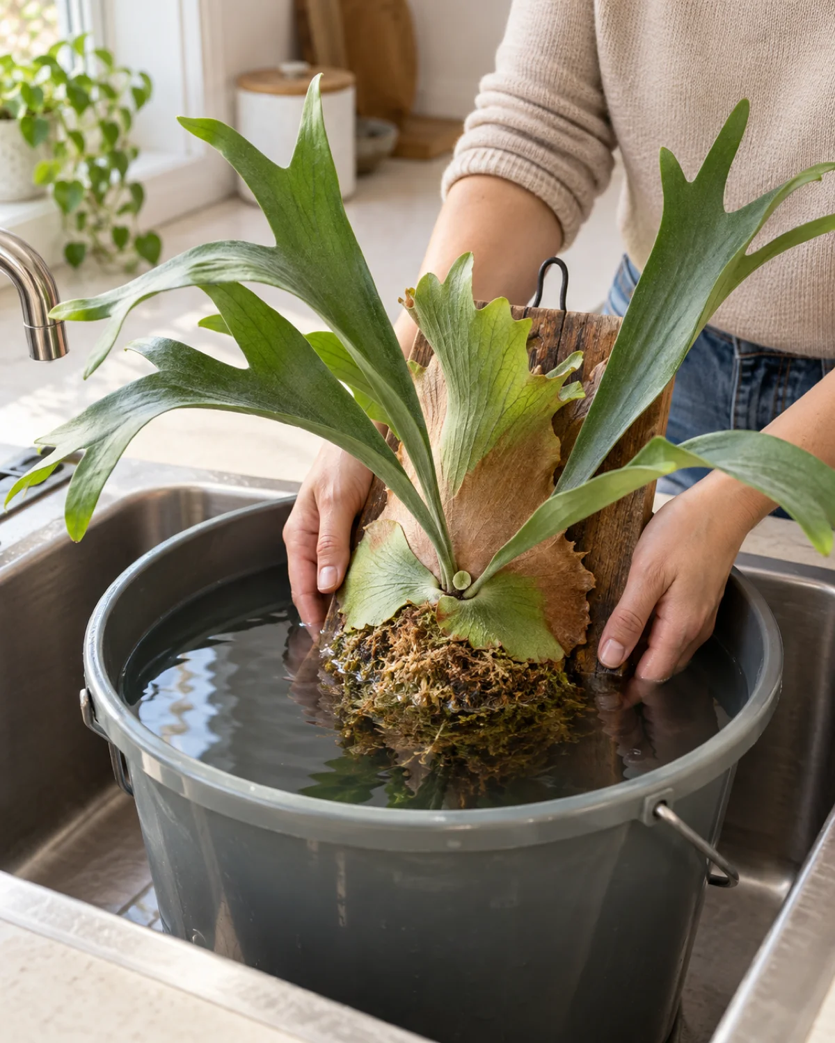 A person holding a mounted staghorn fern submerged root-ball-down in a large bucket of water in a kitchen sink for soaking with water level covering the sphagnum moss ball