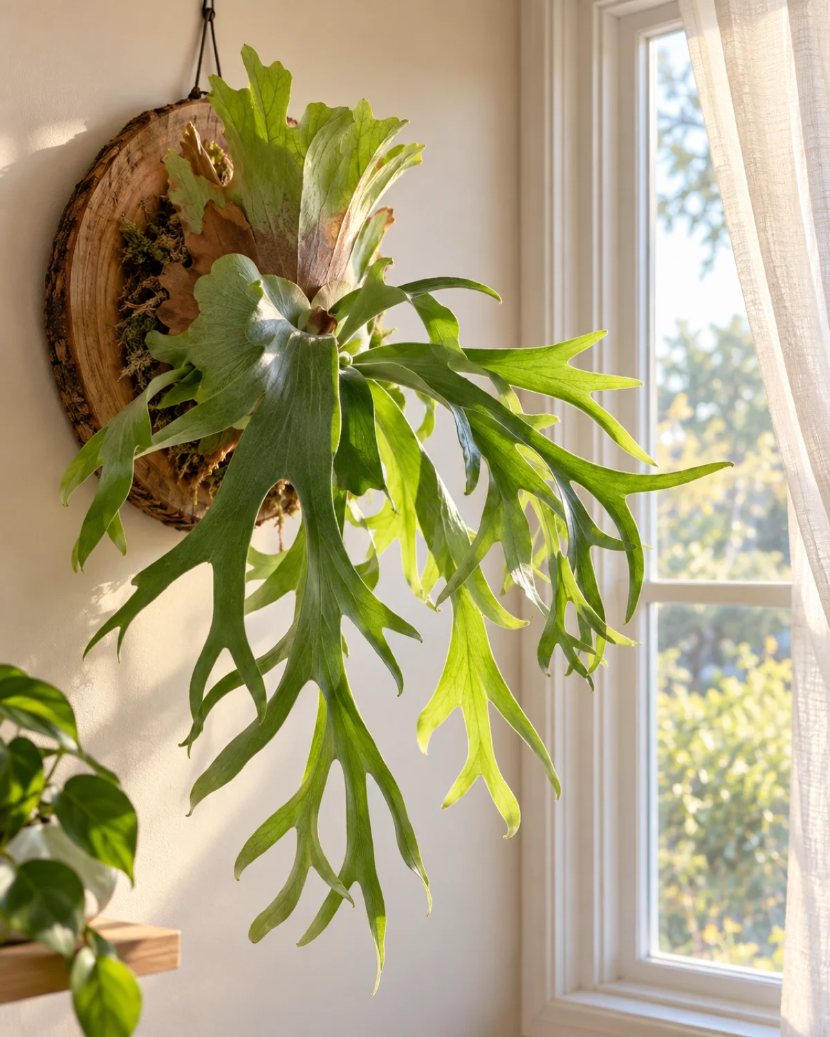 A staghorn fern hanging on the wall beside an east-facing window with soft morning light illuminating the translucent edges of the green antler fronds with a curtain slightly pulled back