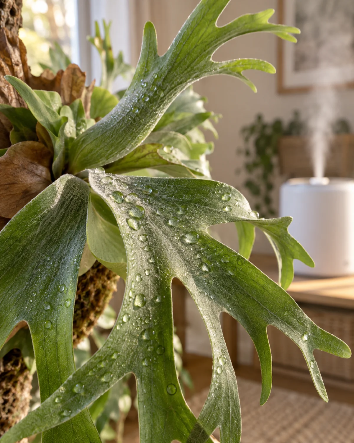 Close-up of water droplets on staghorn fern antler fronds with a small white humidifier visible in the soft background producing a gentle mist and green frond texture in sharp detail