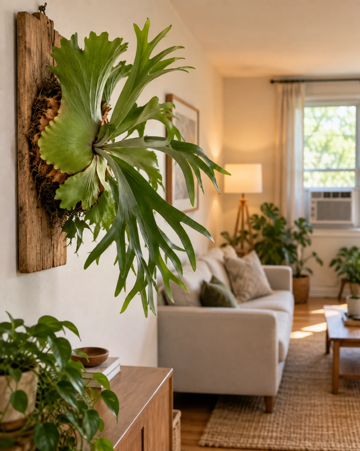 A mounted staghorn fern on a living room wall positioned far from a visible window-mounted air conditioning unit showing safe placement away from cold drafts with warm ambient lighting