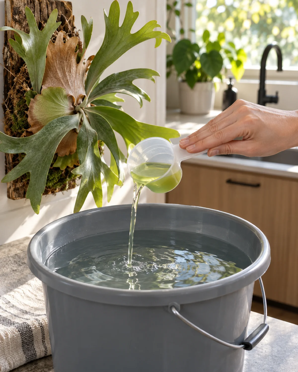 A hand pouring diluted liquid fertilizer from a small measuring cup into a bucket of water with a mounted staghorn fern sitting on the counter nearby ready for its soak